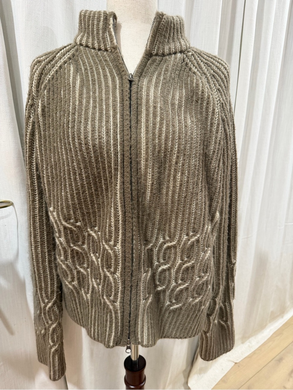 Neutral Taupe Ribbed Zip Cardigan Sweater